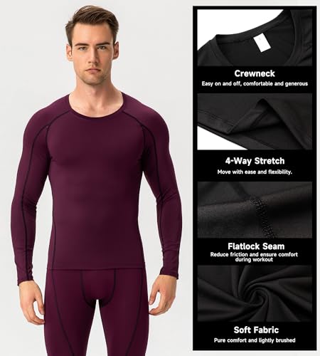 Men's Compression Long Sleeve Athletic Workout T-Shirt - Maroon, Large
