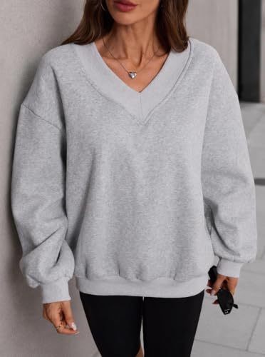 Hilinker Women's V Neck Oversized Sweatshirt Long Sleeve Pullover Large Grey