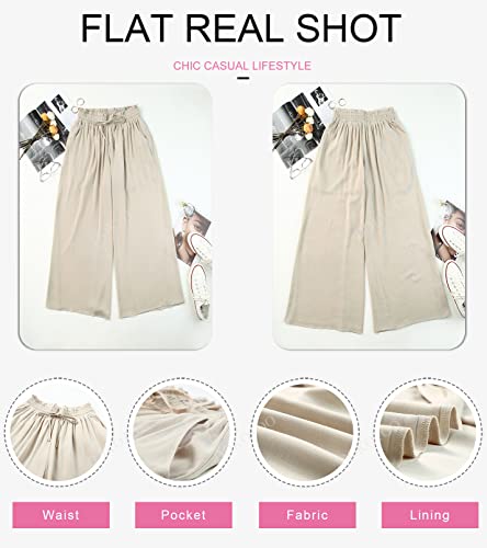 Dokotoo Wide Leg Pants for Women Beige Medium Casual Elastic Waist Drawstring Pants