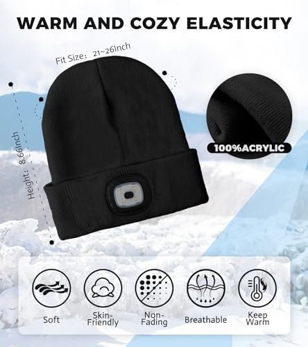 Unisex LED Beanie Hat with Light Rechargeable Warm Knitted Cap - Black