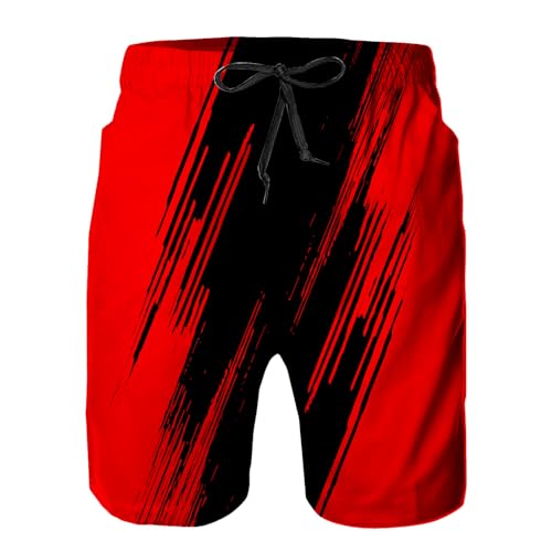 Men's Red Black Medium Swim Trunks with Mesh Lining, Quick-Dry Beach Shorts