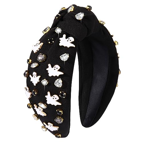 Ghost Gothic Knotted Headbands for Women - Halloween Rhinestone Pearl Top Knot Accessory