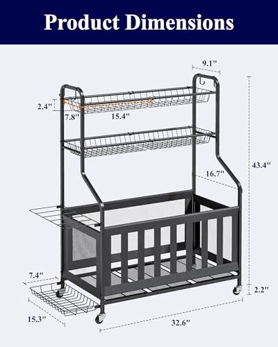 Kitsure Sports Equipment Organizer with Wheels - Black, 40"D x 16.7"W x 45.6"H Garage Ball Storage Rack