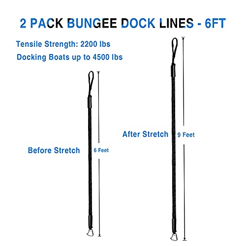Black 6ft Bungee Dock Line for Boat, Kayak, Jet Ski with Stainless Steel Clip