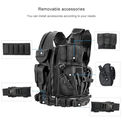 Ultralight Breathable Tactical Vest with Detachable Belt & Holster - Black 10-50