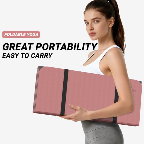 Pink & Gray Foldable Yoga Mat - 10mm Extra Thick Non-Slip TPE for Home Gym & Workout