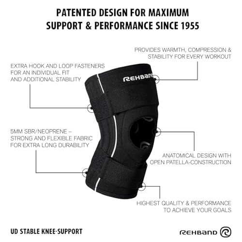 Rehband knee brace sports, 1 piece, 5mm neoprene knee support with patella opening construction, hook and loop fastener for high support & stability