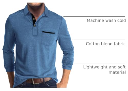 Lexiart Men's Classic Polo Shirt Cotton Button Collar with Pocket - Large Dark Blue