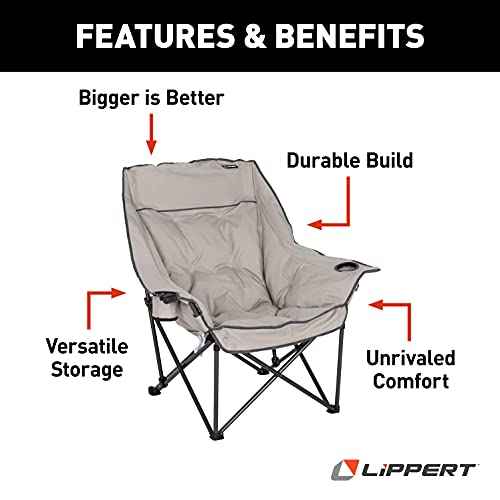 Lippert Big Bear Padded Camping Chair with 400-lb. Weight Capacity, Carry Bag, Durable Mesh Fabrics, High-Loft Cushioning, Dual Cupholders, Stemmed Wine Glass Holder (Sand) - 2021010667