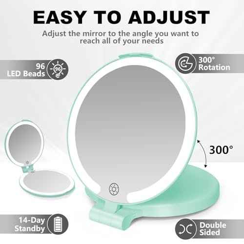 6.3 Inch Rechargeable Folding 10x Magnification Double Sided Makeup Mirror with Lights, Portable Travel Mirror for Women with Nearsightedness | Travel Essentials for Women