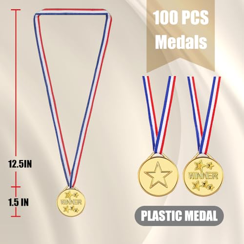 100 Pieces Gold Medals for Kids Medals for Awards Plastic Winner Award Medals for Sports, Competition, Talent Show, Spelling Bee Birthday Party Favors Gifts