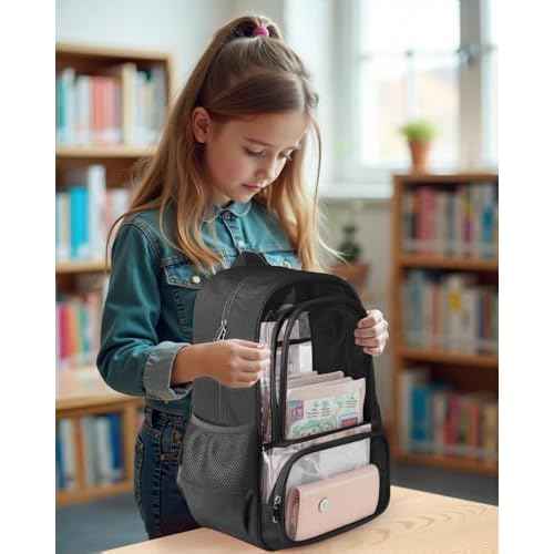 Clear Backpack, Fabric & PVC Transparent Backpack with Reinforced Strap for Women Men, Heavy Duty Transparent Bookbag, Large Capacity Clear Bag, Travel, Security, Black