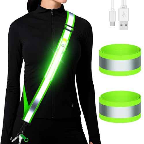 LED Reflective Running Gear High Visibility Reflective Belt Sash with Armband for Walking at Night,Adjustable Running Safety Gear Light Up Running Belt for Runners Walkers Men Women