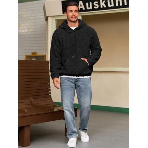 Runcati Mens Fuzzy Sherpa Hoodie Pullover Sweatshirts Long Sleeve Front Pocket Fall Winter Hooded Textured Outwear