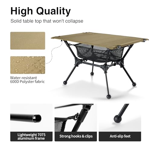 ONETIGRIS Coyote Brown Camping Dipper Table with Storage Net, Lightweight & Portable