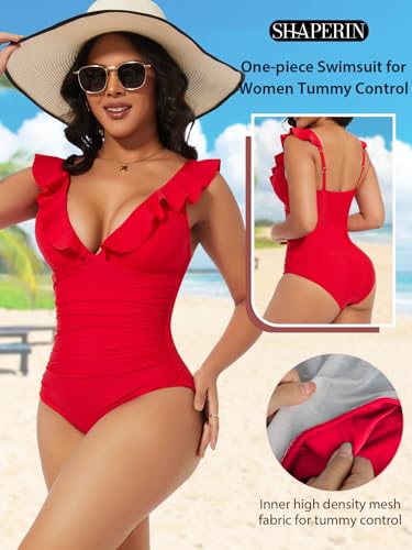 Shaperin Women's Ruffle One-P Piece Swimsuit with Tummy Control, V-Neck, Adjustable Straps - Red, Large