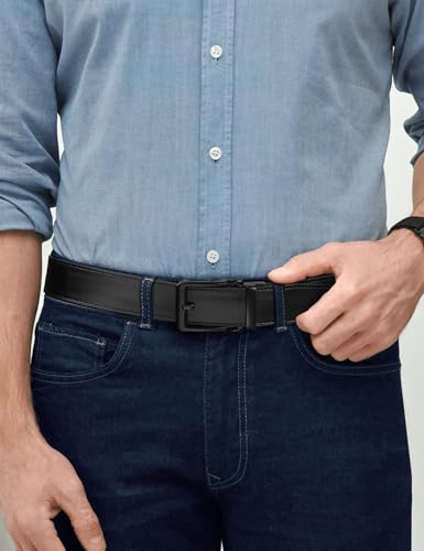 Men's 1.5 Inch Leather Ratchet Belt in Gift Box - All Black, Small 28-36 Inch