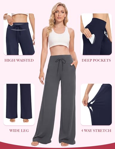 Showitty Wide Leg Pants for Women with Pockets High Waist Lounge Yoga Pants - Large / 01 Black