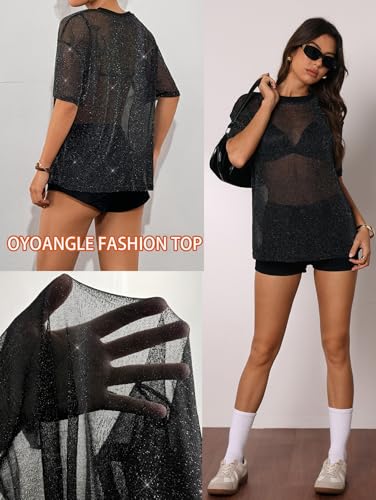 Women Sparkly Glitter Rave Outfits Sheer Going Out Top - Medium Black - Y2K
