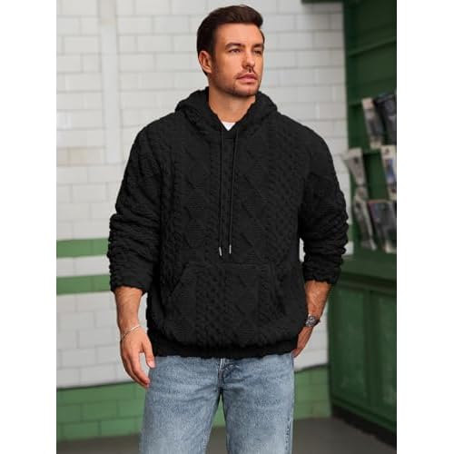 Runcati Mens Fuzzy Sherpa Hoodie Pullover Sweatshirts Long Sleeve Front Pocket Fall Winter Hooded Textured Outwear
