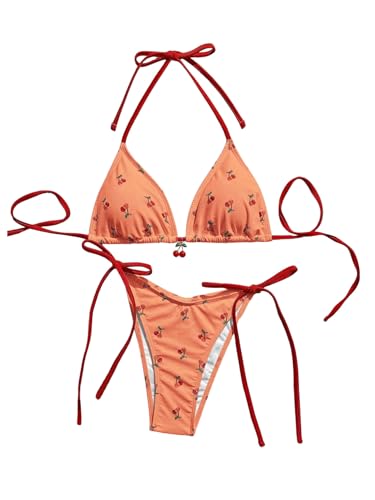 Women's 2 Piece Swimsuit Cherry Print Bikini Set with Side Ties - Halter Style