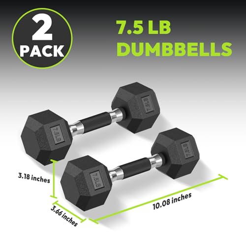 HANDBODE Rubber Encased Hex Dumbbell Pair - Comfort Grip, 7.5 lb