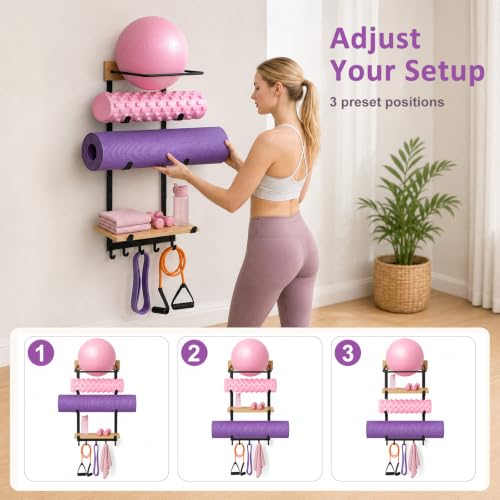 Yoga Mat & Ball Wall Mount Organizer with Adjustable Pine Shelf and Hooks