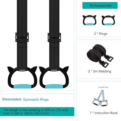 FREHOMEE Blue Gymnastics Rings for Adults and Kids - Support 550 LBS, Adjustable Indoor Outdoor Fitness Equipment