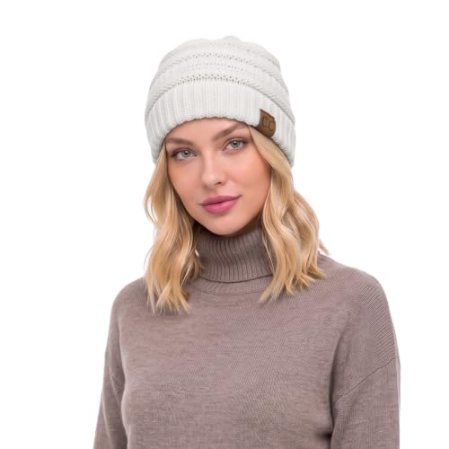 Unisex Ivory Cable Knit Beanie Hat - Thick, Soft & Warm Chunky Winter Accessory