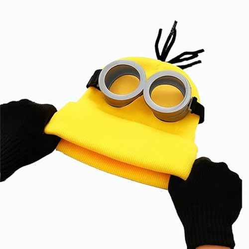 3 Pcs Halloween Costumes Adults & Kids Accessories, Adjustable Goggles Cosplay, Yellow Hat Beanie and Black Gloves for Women, Men, Halloween Party Set