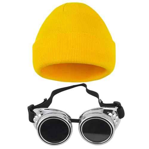 Halloween Yellow Beanie with Vintage Steampunk Goggles Knit Yellow Hat Punk Sunglasses Cosplay Set for Women Men