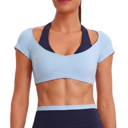 Aoxjox Dual Core Halter Crop Top - Small Airy Blue/Midnight Navy