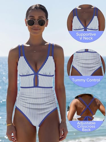 Popvil Women One Piece Swimsuit Neon Tummy Control Bathing Suit Small Blue Striped