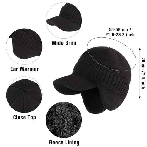 Century Star Mens Winter Hat with Visor & Earflaps,Outdoor Elastic Warm Knitted Fleece Sport Golf Baseball Beanie Cap