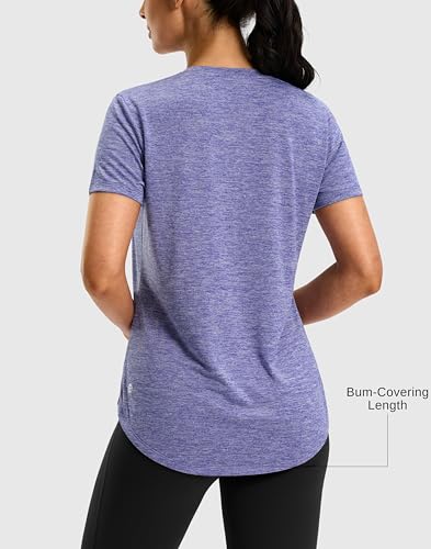 Women's Workout Shirts Bum-Covering Length Short Sleeve Lightweight Dry Fit - Large Purple