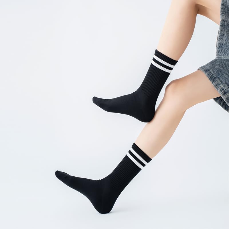 Women's Crew Socks – 4-Pack Cotton Athletic Socks with Stripes (Black) – 9-12, 4-pairs