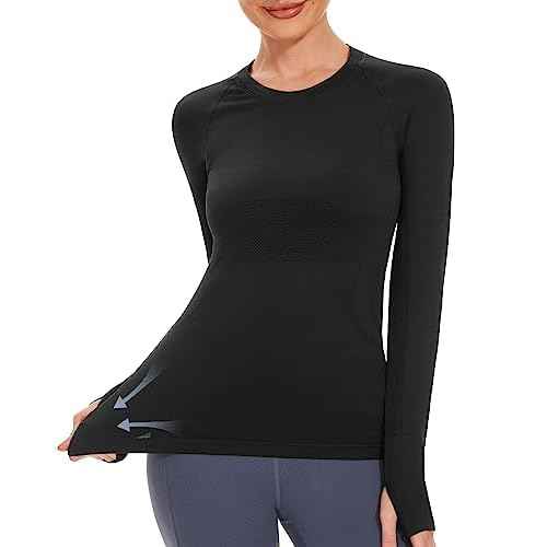 Stelle Womens Seamless Workout Top Yoga Athletic Shirt with Thumb Hole Breathable for Sports Running Slim Fit