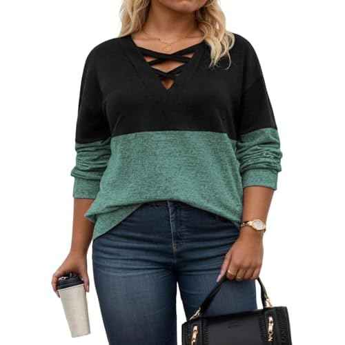 ROSRISS Womens Plus-Size Sweatshirts Casual Color Block Long Sleeve Tops Oversized Trendy Criss Cross V Neck Shirts XL-5XL