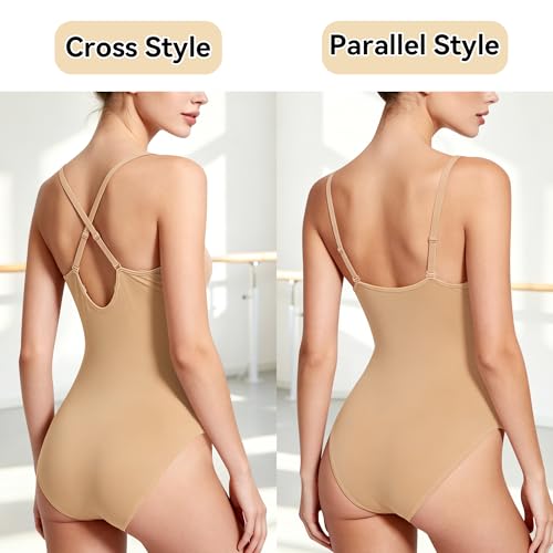 Women's Nude Seamless Camisole Leotard with Clear Straps - S-M
