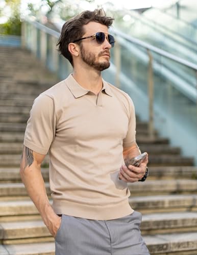 Men's V Neck Short Sleeve Stretch Knit Polo Shirt - Medium Khaki