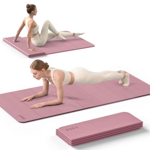 Foldable Yoga & Exercise Mat - Extra Wide 31.5 Inch XL, 74.8x31.5, Non Slip, Lightweight, Travel Friendly, Dusty Black & Smoky Pink