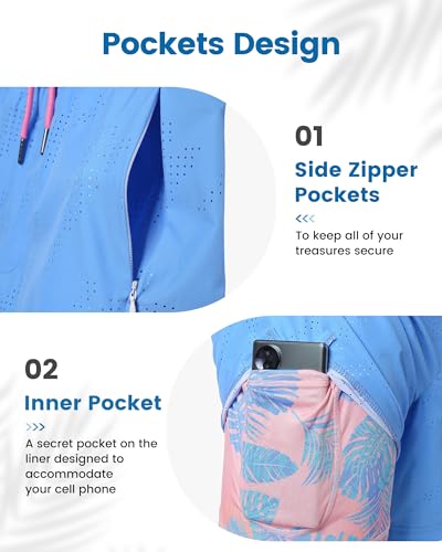 Men's Swim Trunks 5" Compression Liner Quick Dry Beach Shorts - Large Blue Pink Leaves