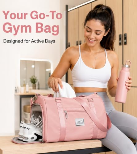 Women's Pink Gym Tote Duffle Bag with Wet Pocket & Shoe Compartment - Travel & Workout