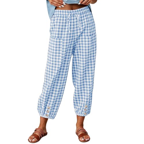 Women's Plaid Pants with Pockets Casual Button Capris Elastic Waist