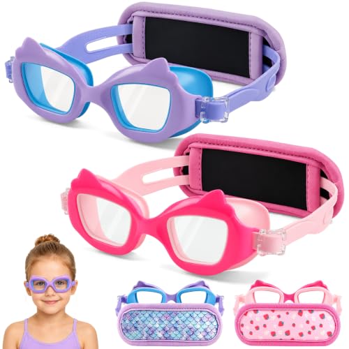 Toddler Swim Goggles with Cat Ears & Strawberry Scale - Anti-Fog, Fabric Strap, Age 2-8
