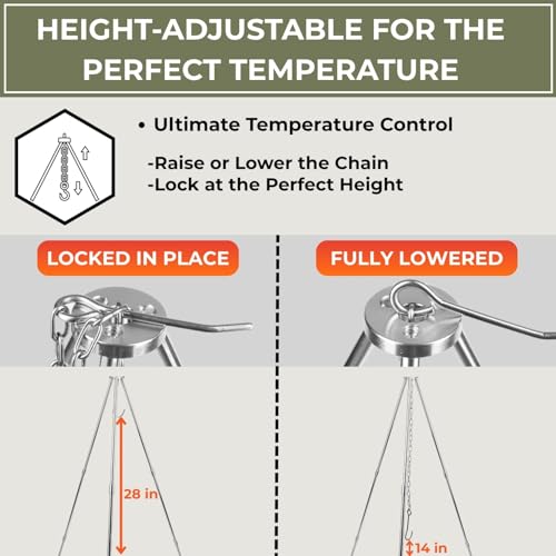 33-Inch Stainless Steel Camping Tripod for Cooking, Adjustable & Lightweight