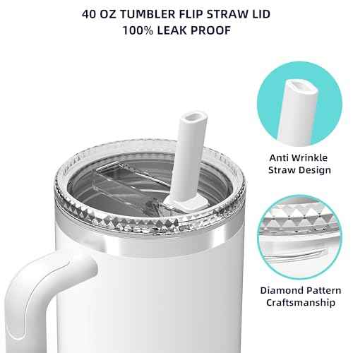 Replacement 40 oz for Stanley Quencher H2.0 Cup Accessories, Flip Straw Tumbler Lid for Stanley Cup, Spill-Proof Design, High-End Heat-Resistant Material (White, 40 oz)