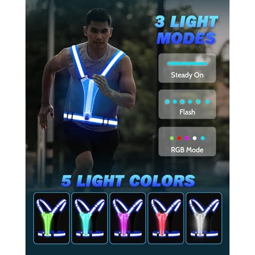 LED Reflective Running Vest with Phone Holder, Rechargeable 5 Colors Light Up Running Lights for Runners High Visibility Night Safety Gear, Adjustable for Men and Women