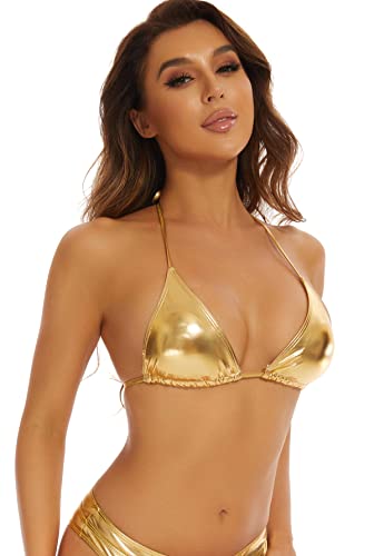Small Gold Halter Metallic Crop Top Shiny Triangle Rave Bra Swimsuit Top