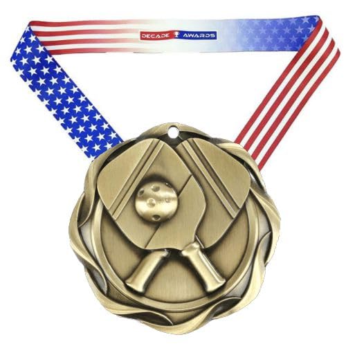 Decade Awards Pickleball Fusion Medal- Gold | Pickle Ball Medal with Stars & Stripes Ribbon - 3 Inch Wide (Gold-SSNB)